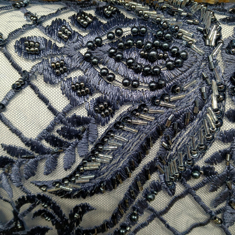 Beaded Lace Fabric - Embroidered 100 Percent Polyester Net Mesh, Floral Baroque Scalloped Edge, 52" Width (1 Yard)