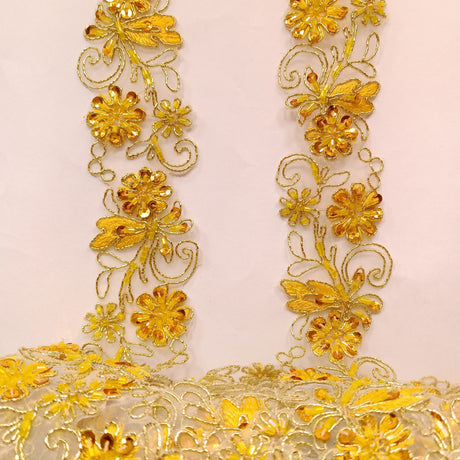 Beaded Corded Lace Trimming Embroidered On 100% Polyester Organza Fabric - 2" Width, 21 Colors (1 Yard)