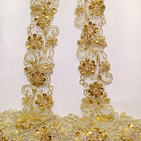 Beaded Corded Lace Trimming Embroidered On 100% Polyester Organza Fabric - 2" Width, 21 Colors (1 Yard)