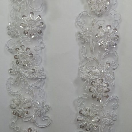 Beaded Corded Lace Trimming Embroidered On 100% Polyester Organza Fabric - 2" Width, 21 Colors (1 Yard)