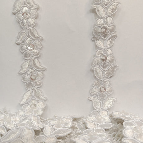Beaded Corded Lace Trimming Embroidered On 100 Percent Polyester Organza Fabric - 3/4" Width, Multiple Colors (1 Yard)