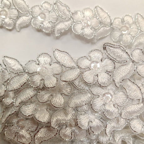 Beaded Corded Lace Trimming Embroidered On 100 Percent Polyester Organza Fabric - 3/4" Width, Multiple Colors (1 Yard)