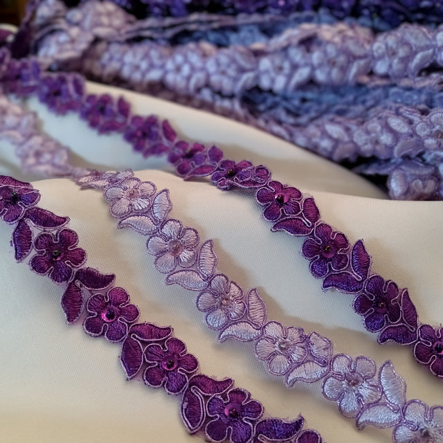 Beaded Corded Lace Trimming Embroidered On 100 Percent Polyester Organza Fabric - 3/4" Width, Multiple Colors (1 Yard)
