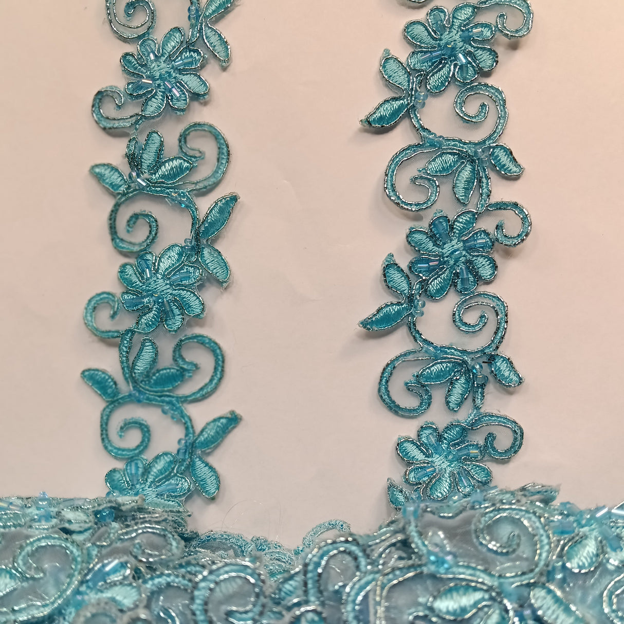 Beaded & Corded Lace Trimming Embroidered On 100% Polyester Fabric - Corded, Beaded & Embroidered Trimming, 1.5" Width (1 Yard)