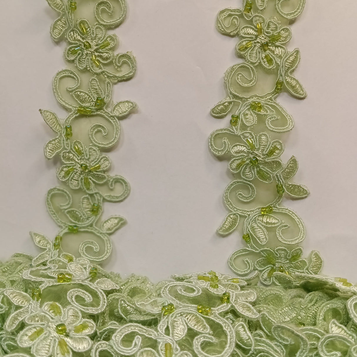 Beaded & Corded Lace Trimming Embroidered On 100% Polyester Fabric - Corded, Beaded & Embroidered Trimming, 1.5" Width (1 Yard)