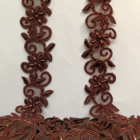 Beaded & Corded Lace Trimming Embroidered On 100% Polyester Fabric - Corded, Beaded & Embroidered Trimming, 1.5" Width (1 Yard)