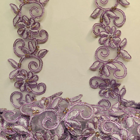 Beaded & Corded Lace Trimming Embroidered On 100% Polyester Fabric - Corded, Beaded & Embroidered Trimming, 1.5" Width (1 Yard)