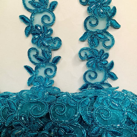 Beaded & Corded Lace Trimming Embroidered On 100% Polyester Fabric - Corded, Beaded & Embroidered Trimming, 1.5" Width (1 Yard)