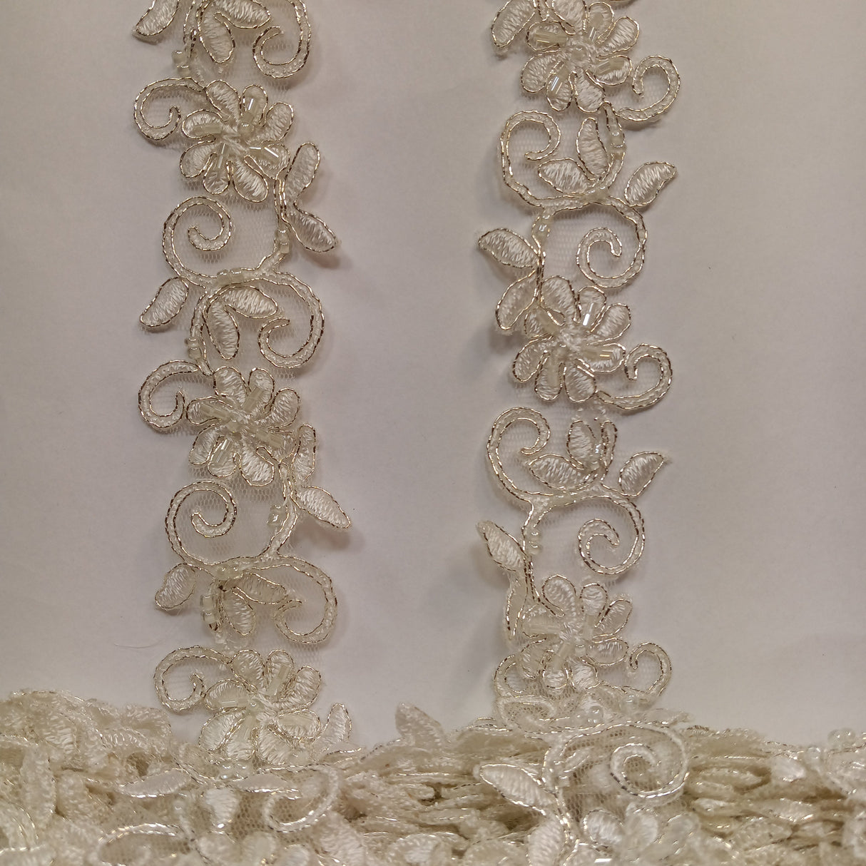 Beaded & Corded Lace Trimming Embroidered On 100% Polyester Fabric - Corded, Beaded & Embroidered Trimming, 1.5" Width (1 Yard)