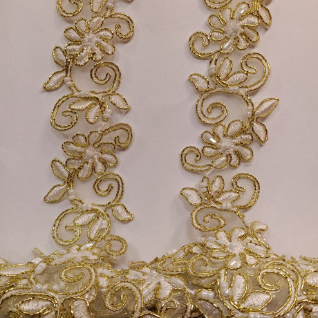 1 Yard Luxurious Beaded Corded Lace Trimming Embroidered Polyester Organza for Dresses 1.5 Inch Width