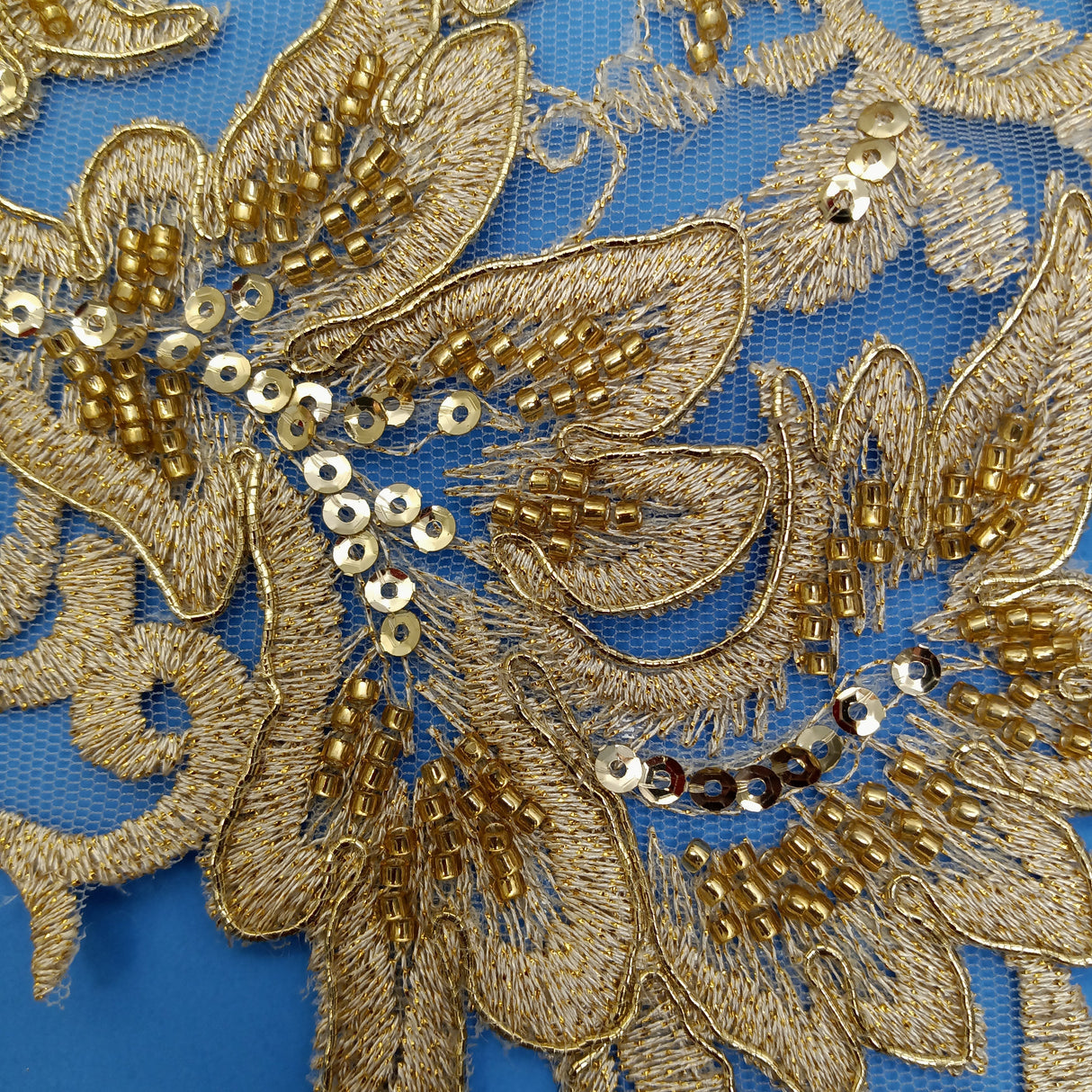 Beaded Corded Lace Medallion Applique Polyester Fabric - Gold, Ivory, White, 25" X 10.5" (1 Piece)