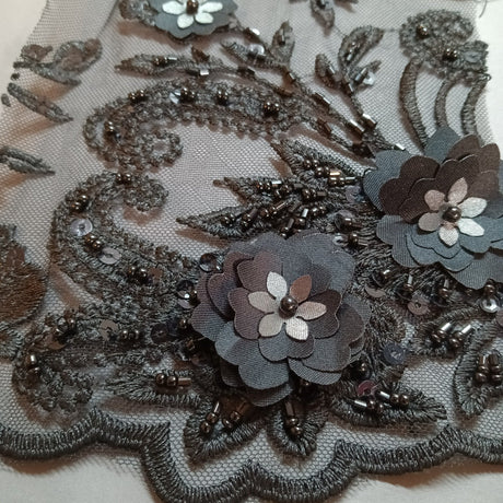 Beaded 3D Floral Lace Polyester Fabric - Black, Dusty Rose, Vanilla, 51" Width (1 Yard)