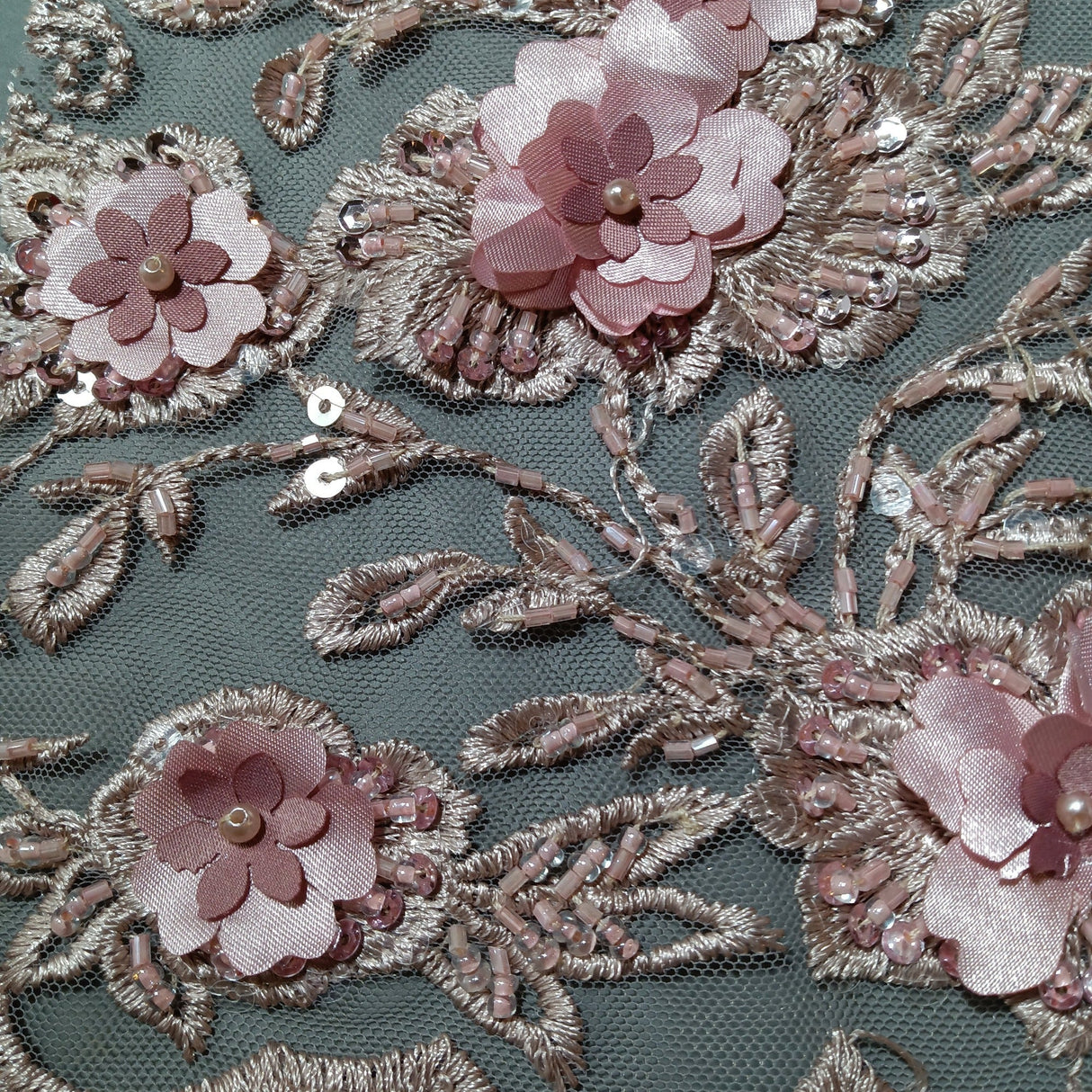 Beaded 3D Floral Lace Polyester Fabric - Black, Dusty Rose, Vanilla, 51" Width (1 Yard)