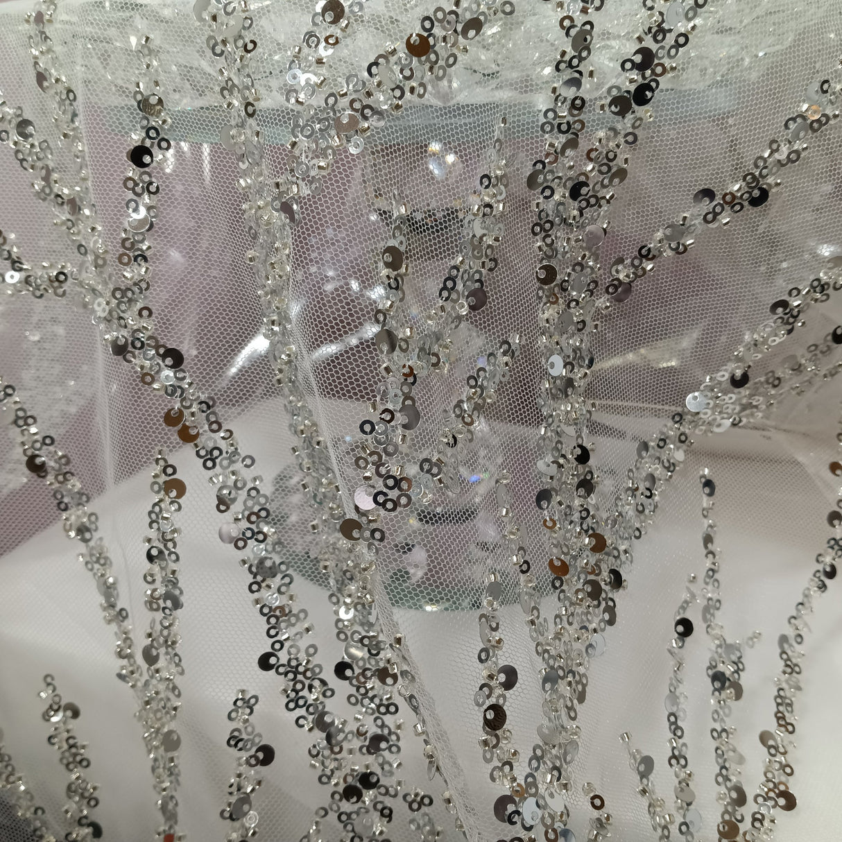 Beaded Sequined Lace Fabric on Polyester Net Mesh