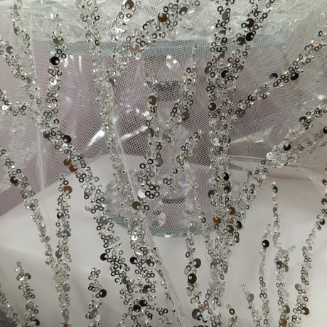 Beaded Sequined Lace Fabric on Polyester Net Mesh