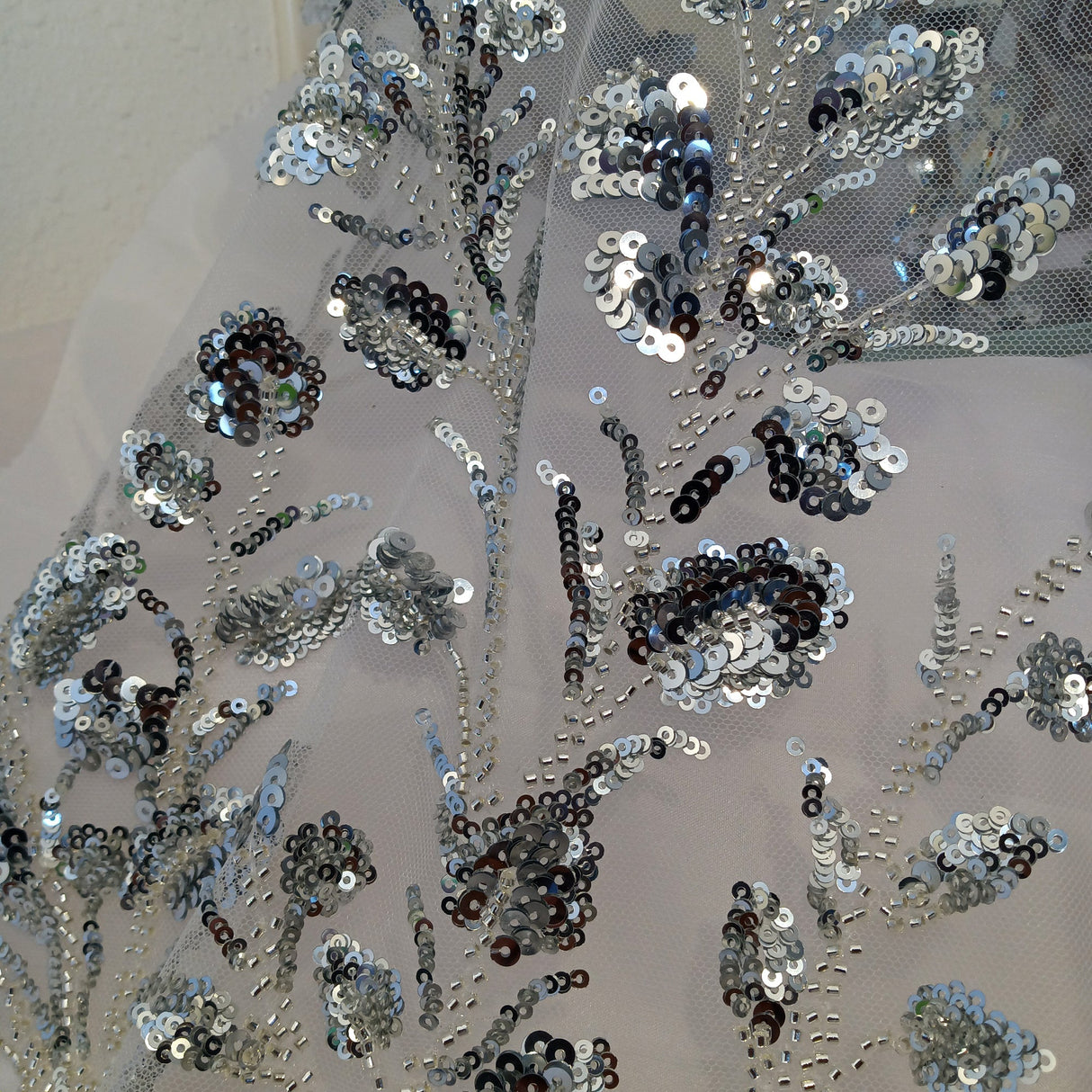 Beaded Sequined Lace Fabric on Polyester Net Mesh