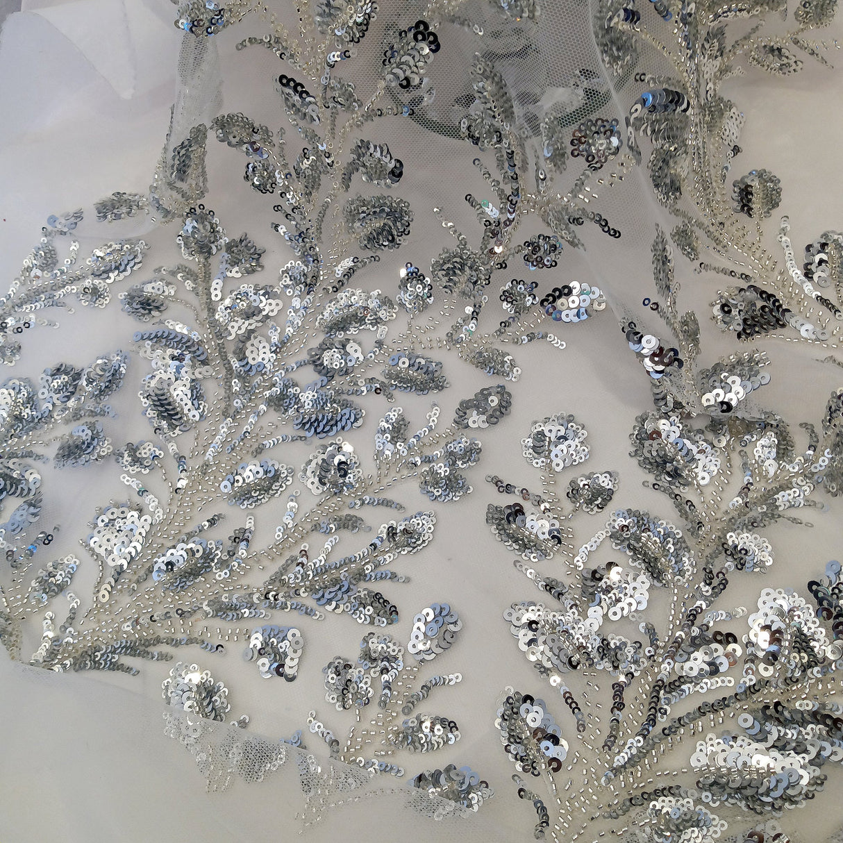 Beaded Sequined Lace Fabric on Polyester Net Mesh