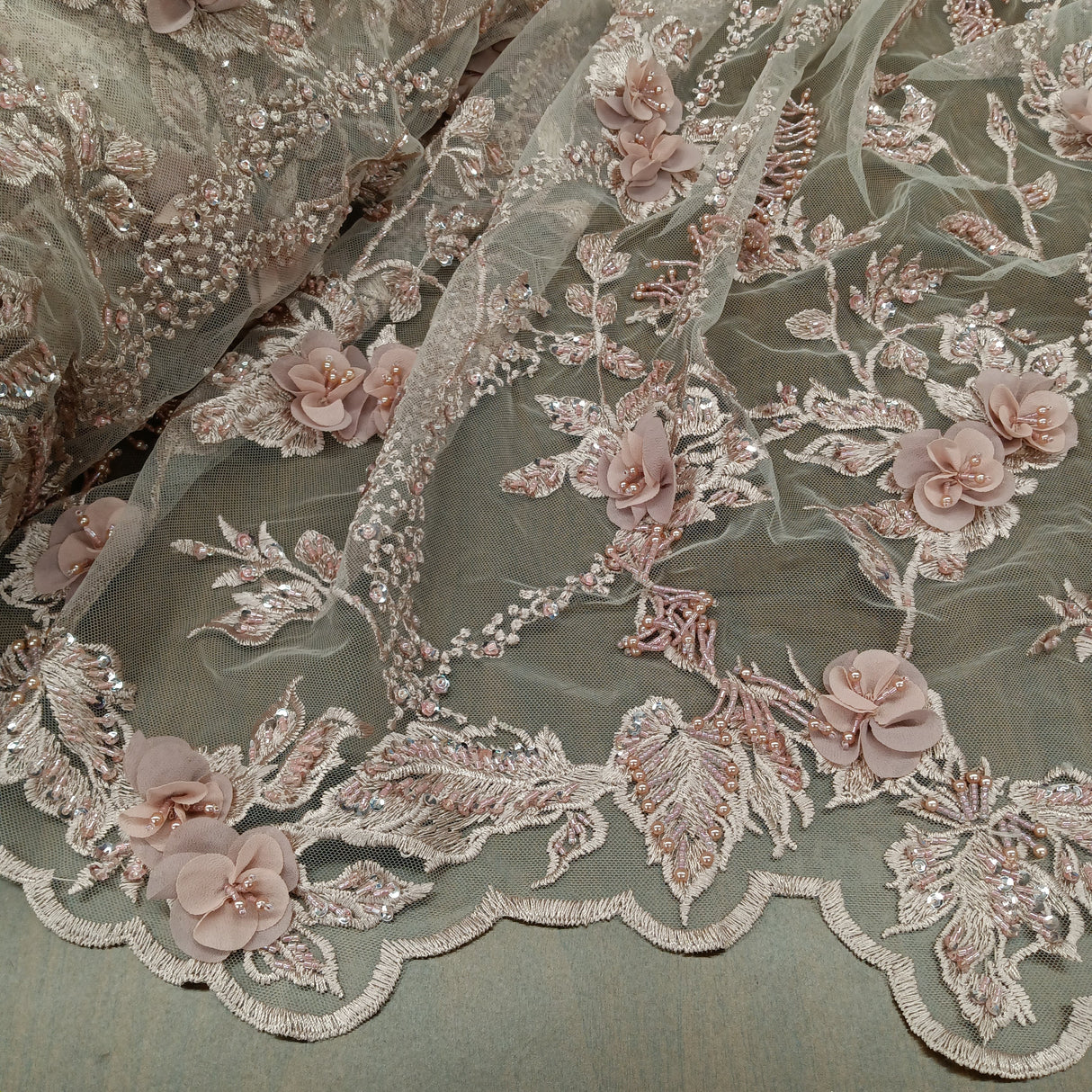 Beaded 3D Floral Lace Mesh