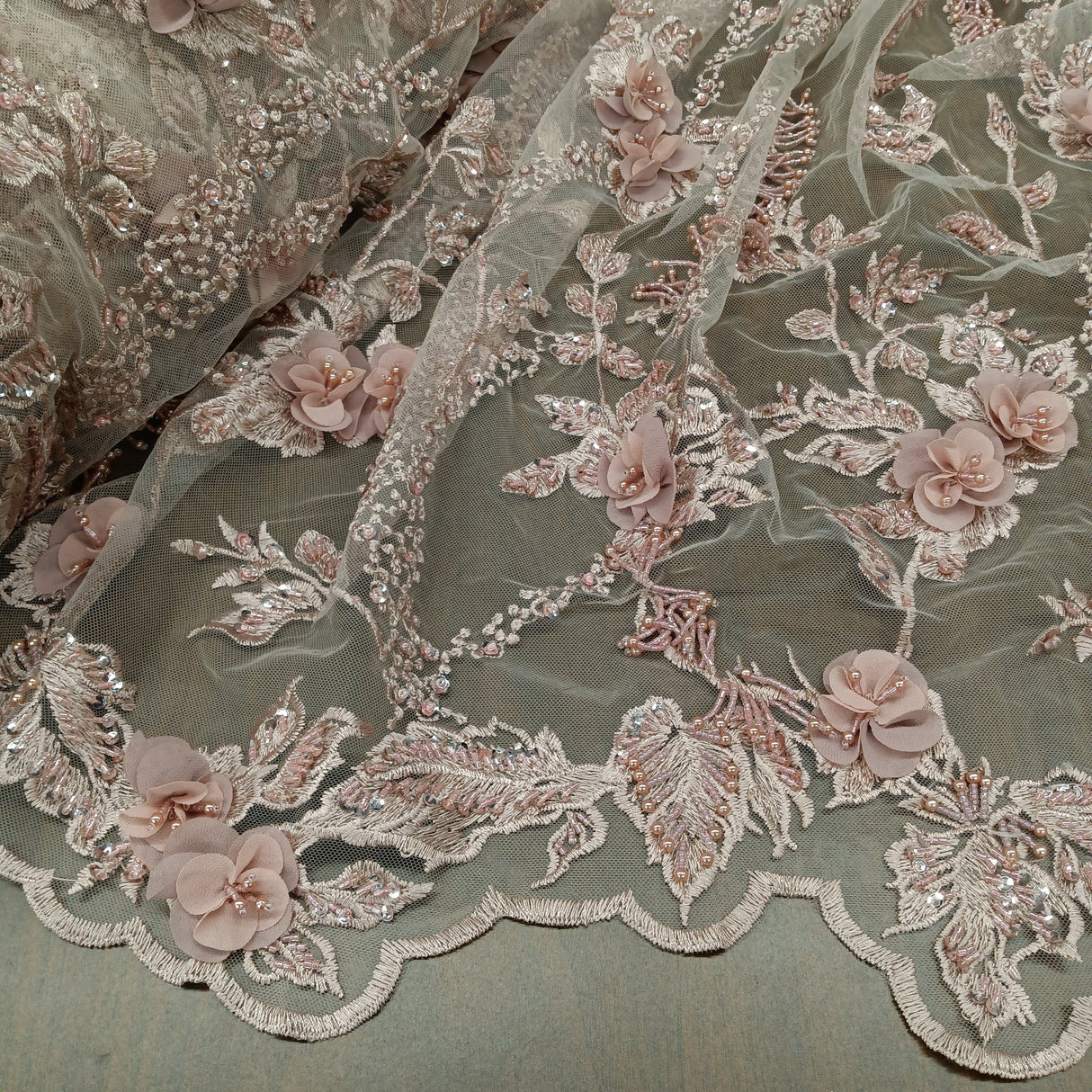 Beaded 3D Floral Lace Fabric 48" Wide