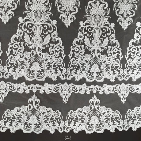 Beaded Corded Lace Fabric White Ivory