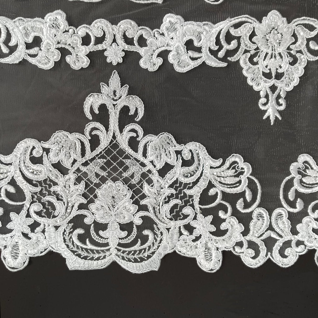 Beaded Corded Lace Fabric - White, Ivory, 51" Width (1 Yard)