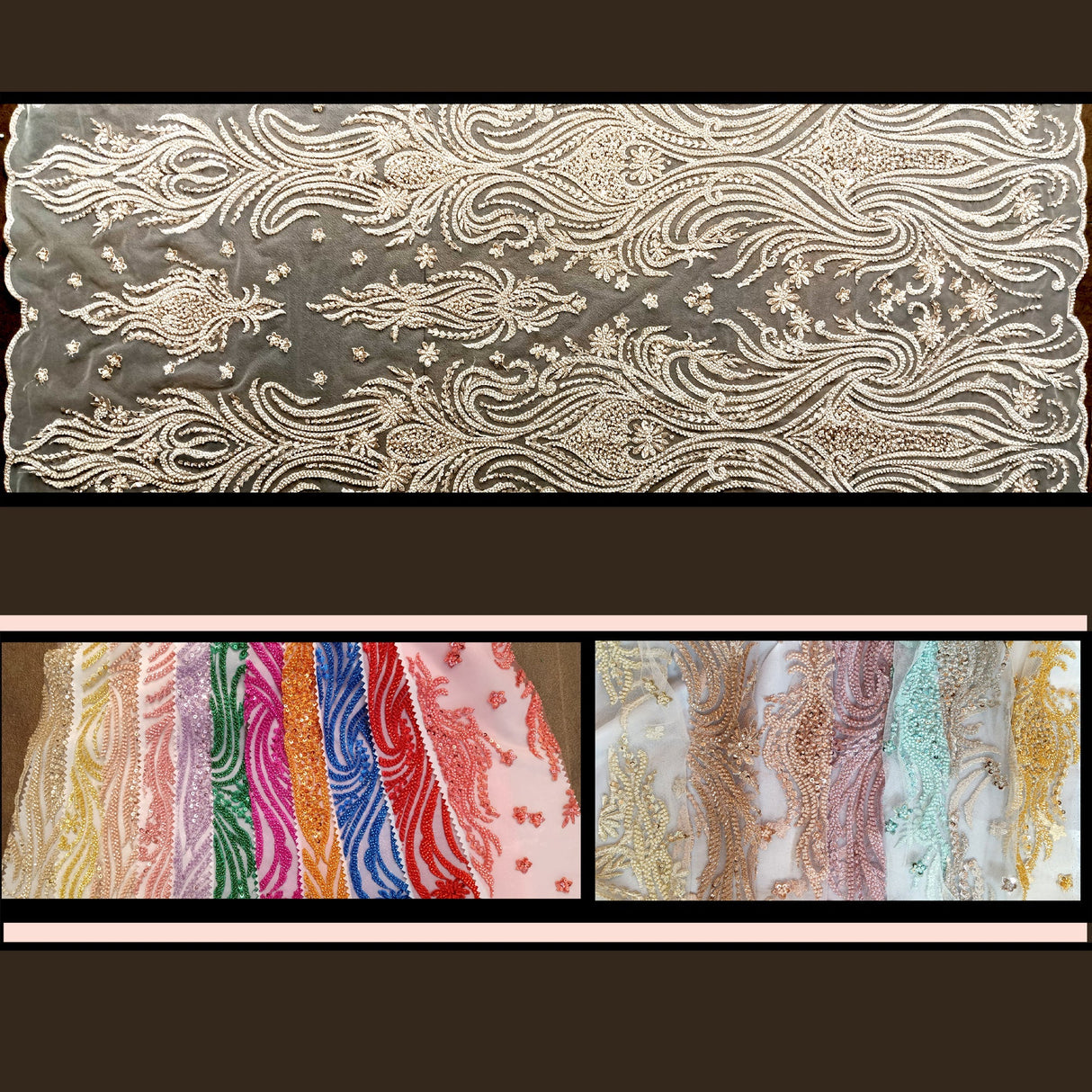 Beaded Lace Fabric on Polyester Net Mesh