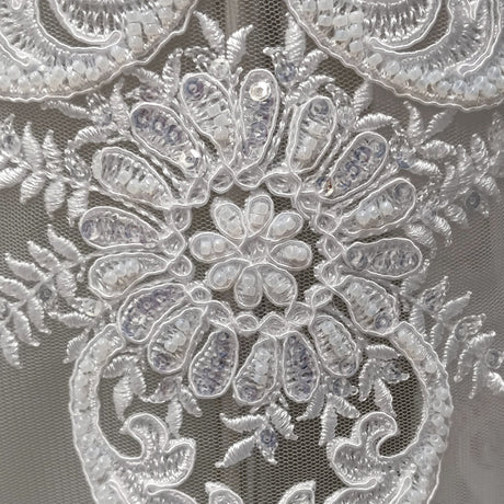 Beaded & Corded Lace Fabric - Embroidered On 100 Percent Polyester Net Mesh, White/Ivory, 52" Width (1 Yard)
