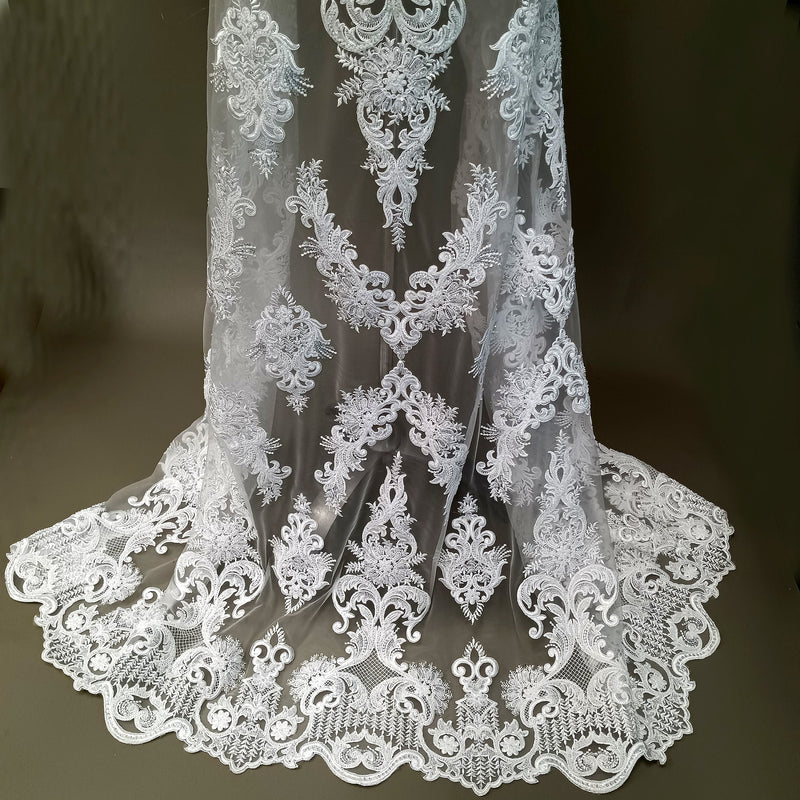 1 Yard Beaded & Corded Lace Fabric Embroidered on 100% Polyester Net Mesh 52" Width