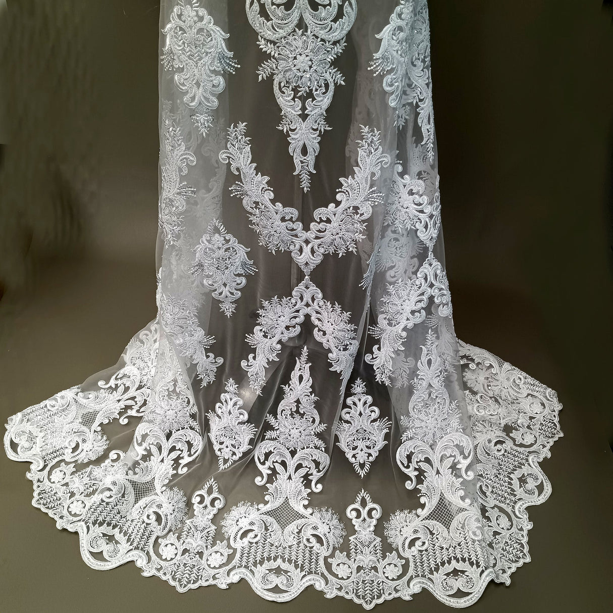 Beaded & Corded Lace Fabric - Embroidered On 100 Percent Polyester Net Mesh, White/Ivory, 52" Width (1 Yard)
