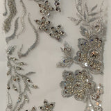 1 Yard Silver Beaded Lace Fabric Embroidered on Polyester Net Mesh for Couture Sewing 50 Inch Width