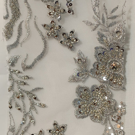 Beaded Embroidered Lace Fabric on Polyester Net Mesh