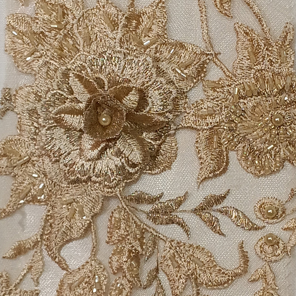 Beaded 3D Floral Lace Polyester Fabric - Embroidered Net Mesh, 50" Width, Purple, Gold, Royal, Red (1 Yard)