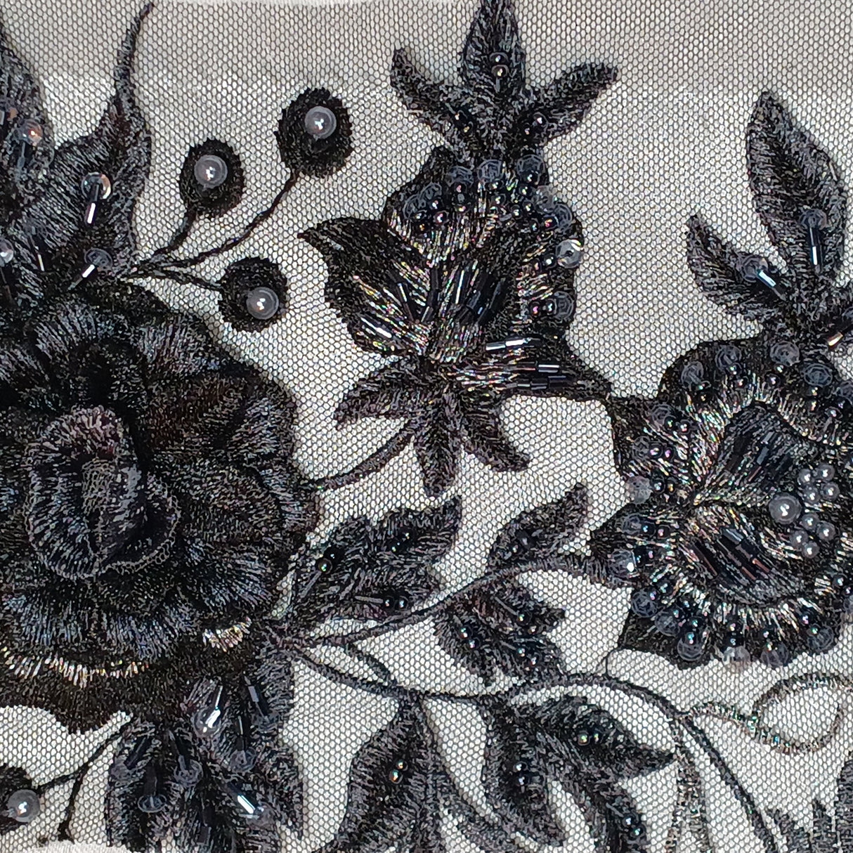 Beaded 3D Floral Lace Polyester Fabric - Embroidered Net Mesh, 50" Width, Purple, Gold, Royal, Red (1 Yard)