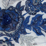 Beaded 3D Floral Lace Polyester Fabric - Embroidered Net Mesh, 50" Width, Purple, Gold, Royal, Red (1 Yard)