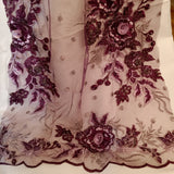 Beaded 3D Floral Lace Polyester Fabric - Embroidered Net Mesh, 50" Width, Purple, Gold, Royal, Red (1 Yard)