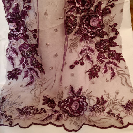 Beaded 3D Floral Lace Polyester Fabric - Embroidered Net Mesh, 50" Width, Purple, Gold, Royal, Red (1 Yard)
