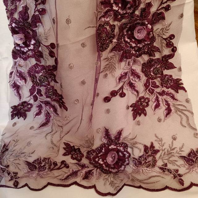 Beaded 3D Floral Lace Polyester Fabric - Embroidered Net Mesh, 50" Width, Purple, Gold, Royal, Red (1 Yard)