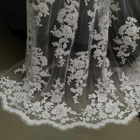 1 Yard Beaded & Corded Bridal Lace Fabric 51" Wide Embroidered on 100% Polyester Net Mesh