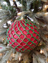 6” Glittered 2 Tone Dark Green/Red Net Ball Christmas Ornament