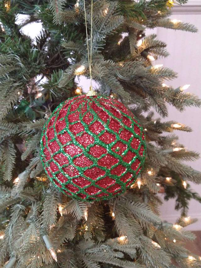 6” Glittered 2 Tone Dark Green/Red Net Ball Christmas Ornament