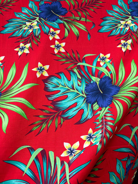 Cotton Fabric Hibiscus Monstera & Plumeria Flower Clusters