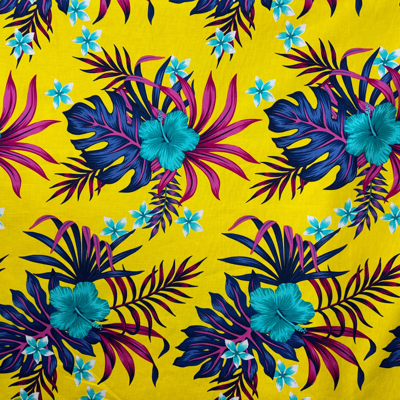 Hibiscus Monstera & Plumeria Flower Clusters Cotton Fabric - Black, Yellow, Red, Blue Floral Print, 36" X 42" (1 Yard)