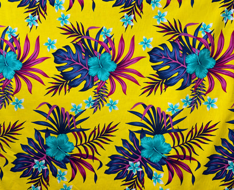 Hibiscus Monstera & Plumeria Flower Clusters Cotton Fabric - Black, Yellow, Red, Blue Tropical Floral Print, 36" X 42" (1 Yard)