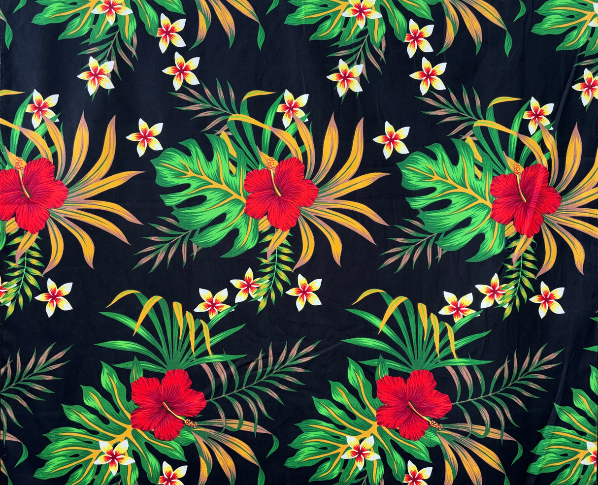Hibiscus Monstera & Plumeria Flower Clusters Cotton Fabric - Black, Yellow, Red, Blue Tropical Floral Print, 36" X 42" (1 Yard)