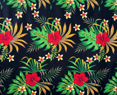 Hibiscus Monstera & Plumeria Flower Clusters Cotton Fabric - Black, Yellow, Red, Blue Floral Print, 36" X 42" (1 Yard)