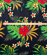 Hibiscus Monstera & Plumeria Flower Clusters Cotton Fabric - Black, Yellow, Red, Blue Tropical Floral Print, 36" X 42" (1 Yard)