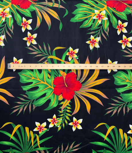 Hibiscus Monstera & Plumeria Flower Clusters Cotton Fabric - Black, Yellow, Red, Blue Tropical Floral Print, 36" X 42" (1 Yard)
