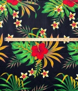 Hibiscus Monstera & Plumeria Flower Clusters Cotton Fabric - Black, Yellow, Red, Blue Floral Print, 36" X 42" (1 Yard)