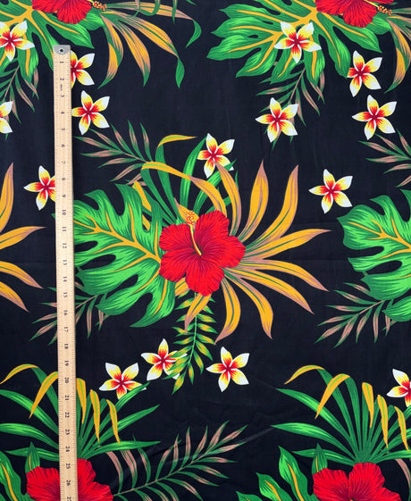 Hibiscus Monstera & Plumeria Flower Clusters Cotton Fabric - Black, Yellow, Red, Blue Tropical Floral Print, 36" X 42" (1 Yard)