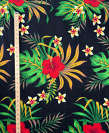 Hibiscus Monstera & Plumeria Flower Clusters Cotton Fabric - Black, Yellow, Red, Blue Floral Print, 36" X 42" (1 Yard)